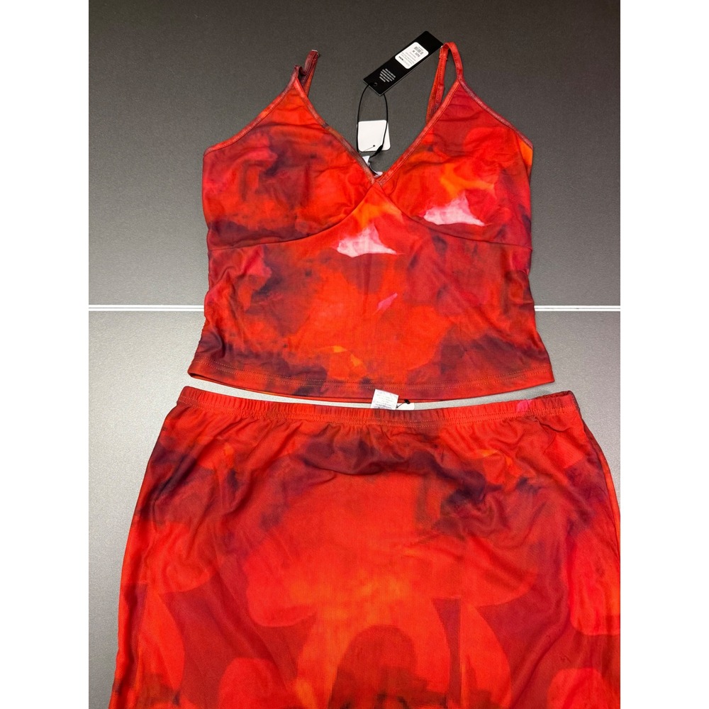 Fashion Nova Red Orange Abstract Floral Mesh Camisole and Midi Skirt Set Size M